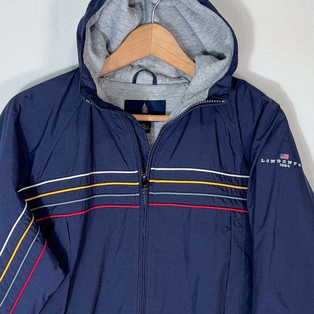 London Fog Nautical Puffer Jacket Kids L Navy Blue Rainbow Stripes